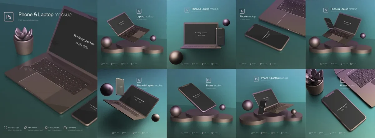 Phone and Laptop Floating in an Abstract Environment Mockups - 3D| PLF001 - Image 1
